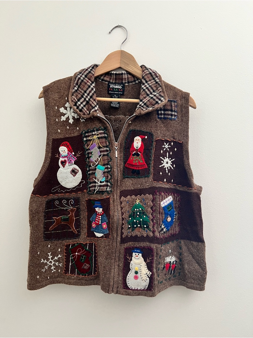 Vintage Knit Collar Brown Patchwork Christmas Grandma Holiday Zip Up Vest